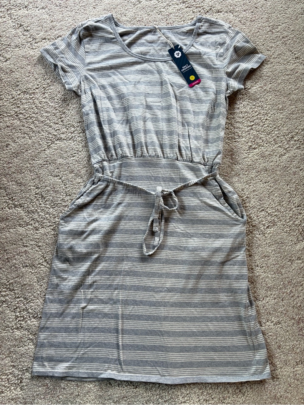 Pact Gray & White Striped Short Sleeve Tie-Waist Mini Dress